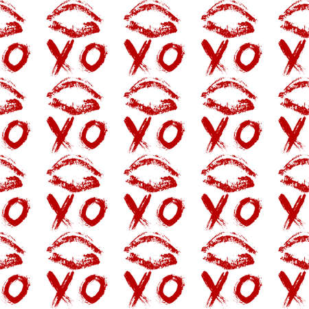 Lips print and XOXO written with red lipstick. XO and lipstick kiss seamless pattern. Hugs and kisses Vector illustration. Valentines day background.  Fashion, beauty and glamour concept.のイラスト素材
