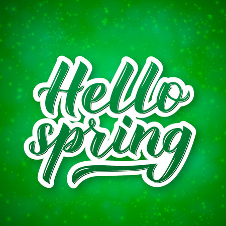 Hello spring 3d lettering on bright green background with sparkles . Inspirational season quote poster. Hand written logo design. Vector illustration. Easy to edit template for banner, flyer, badge.のイラスト素材