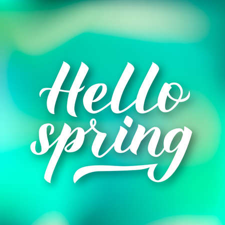 Hello spring calligraphy lettering on green gradient background. Inspirational seasonal quote typography poster. Hand written logo design. Easy to edit vector template for banner, flyer, badge.のイラスト素材