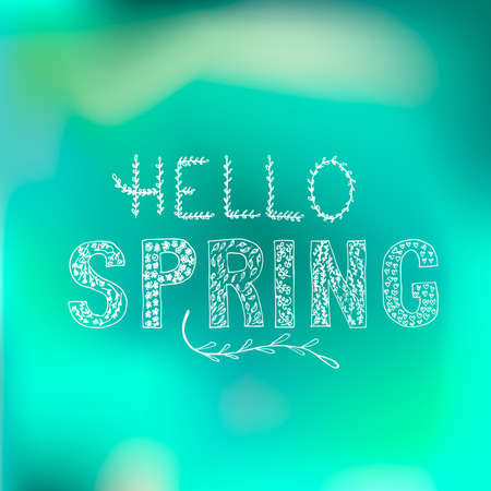 Hello spring hand drawn lettering with floral doodle elements on green gradient background. Motivational seasonal quote typography poster. Easy to edit vector template for banner, flyer, badge.のイラスト素材
