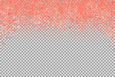 Confetti in shades of living coral border isolated on transparent background. Falling sparkles dots and stars. Shiny dust vector background. Color of 2019 year. Rose gold glitter texture effect.のイラスト素材