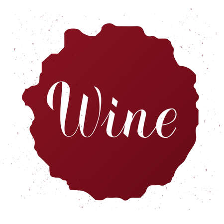 Wine written on red stain with spray around. Calligraphy hand lettering Vector illustration. Template for bar, restaurant, winery decorations. Perfect for menu, banner, poster, label, tag, logo, etc.のイラスト素材