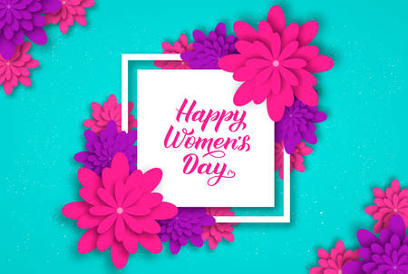 Happy Womenâs Day calligraphy lettering with origami flowers. Paper cut style vector illustration. Floral international womens day poster, banner, party invitations, greeting cards, etcのイラスト素材