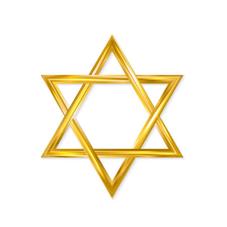 Jewish Star of David. Golden six-pointed star isolated on white background. 3d realistic hexagonal figure. Gold Magen David. Vector icon. Easy to edit template for jour designs.のイラスト素材