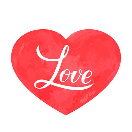 Love calligraphy lettering written on red watercolor painted heart. Valentines day typography poster. Easy to edit element of design for banner, invitation, greeting card, t-shorts, logo, flyer, etcのイラスト素材