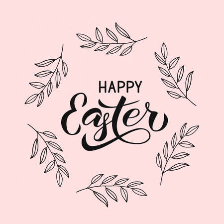 Happy Easter calligraphy hand lettering with hand drawn wreath of leaves. Retro shabby Easter typography poster. Easy to edit template for party invitation, greeting card, banner. Vector illustrationのイラスト素材