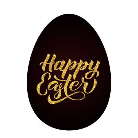 Gold glitter lettering Happy Easter on black egg. Easter celebration typography poster. Easy to edit template for party invitation, greeting card, banner. Spring holidays vector illustration.のイラスト素材