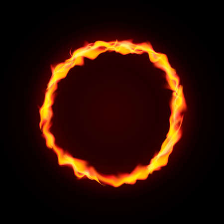 Fire circle frame isolated on dark background. Fire burning ring. Magic golden circle with copy space. Round neon banner. Easy to edit vector template for your designs.のイラスト素材