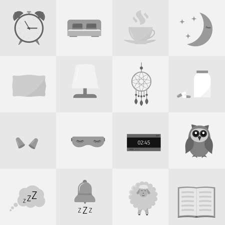 Sleep and Insomnia vector icon set. Sleep problems and sleeplessness concept. Alarm, bed, pillow, pills, dreamcatcher, earplug, sleeping mask, cup, owl, sheep flat objects.  Easy to edit template.のイラスト素材