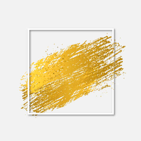 Gold brush stroke with sparkles in white square frame. Modern abstract background. Metallic gradient paint texture. Creative vector template for your design projects.のイラスト素材