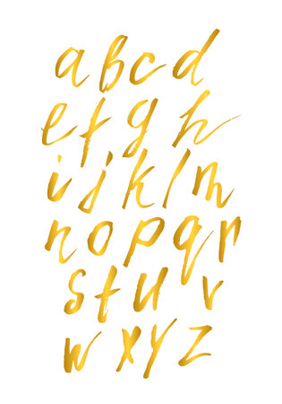 Gold English alphabet. Letters A-Z painted with brush isolated on white. Expressive calligraphy...