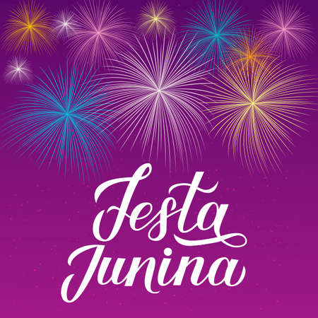 Festa Junina calligraphy hand lettering. Fireworks on purple background. Brazil June Festival Festa de Sao Joao. Easy to edit template for banner, typography poster, invitation, flyer, etc.のイラスト素材