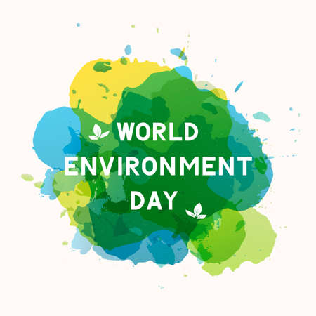 World Environment Day lettering with leaves on paint stains background. Ecology concept typography poster. Easy to edit vector template for logo design, banner, flyer, sign, greeting card, etc.のイラスト素材