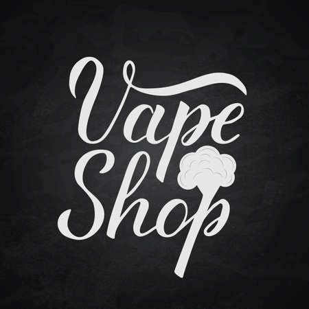 Vape Shop calligraphy hand lettering on chalkboard background. Minimalist logo for vaping store or bar. Vector illustration. Easy to edit template for banner, sign, poster,  sign,  flyer,  etc.のイラスト素材
