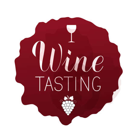 Wine tasting written on red stain with spray around. Calligraphy hand lettering. Vector template for bar, restaurant, winery decorations. Perfect for menu, banner, poster, label, tag, logo, etc.のイラスト素材
