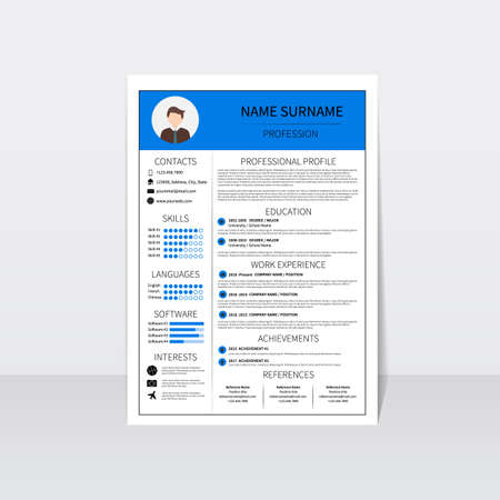 Resume template for man. Modern CV layout with infographic. Minimalistic  curriculum vitae design. Employment vector illustration.のイラスト素材