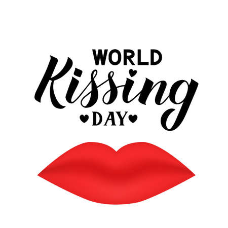 Kissing day hand lettering with red lips isolated on white. Easy to edit template for typography poster, banner, sticker, flyer, badge, t-shot, etc.のイラスト素材