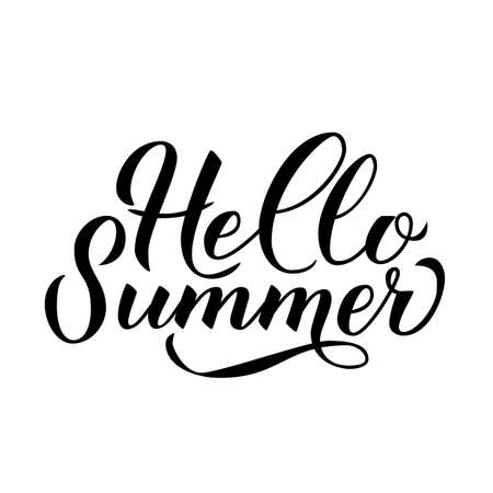 Hello summer hand drawn brush lettering isolated on white. Inspirational quote calligraphy poster. Easy to edit vector template for logo design, banner, flyer, sticker, t-shot.のイラスト素材