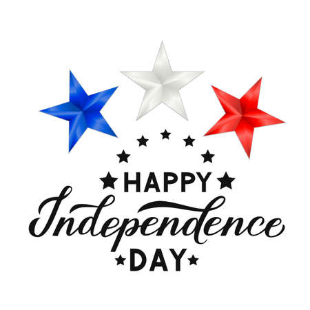 Happy Independence Day calligraphy lettering with red, blue and white 3d stars. 4th of July celebration poster vector illustration. Easy to edit template for logo design, greeting card, banner, flyer.のイラスト素材