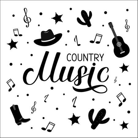 Country Music lettering with hat, notes and guitar isolated on white. Acoustic guitar musical show typography poster. Easy to edit vector template for banner, sign, logo, flyer design, invitation.のイラスト素材
