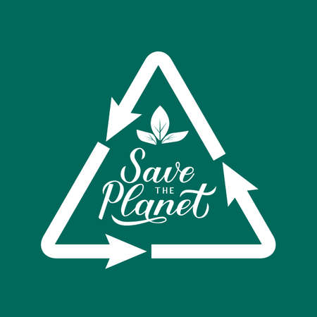 Save the Planet calligraphy lettering with recycle sign on green background. Eco and environment motivational poster. Earth day vector illustration. Template for banner, logo design, flyer, etc.のイラスト素材
