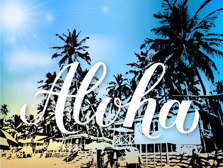 Aloha calligraphy lettering on bright background with sun, sky and silhouettes of palm trees. Summer holidays banner. Hand written Hawaiian language phrase hello. Vector illustration.