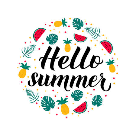 Hello summer calligraphy lettering with watermelons, pineapples and palm leaves. Seasonal typography poster. Hand written logo design. Easy to edit vector template for t-shot, flyer, sticker, banner.のイラスト素材