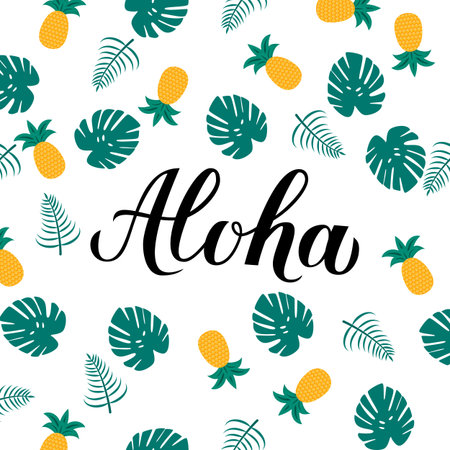 Aloha calligraphy lettering with pineapples and palm leaves. Summer holidays concept. Hand written Hawaiian language phrase hello. Vector template for logo design, banner, poster, flyer, t-shot.のイラスト素材