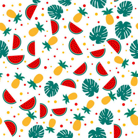 Summer seamless pattern with watermelons, pineapples and palm leaves. Seasonal vector background. Easy to edit template with for poster, card, banner, flyer, sticker, fabric, clothes.のイラスト素材