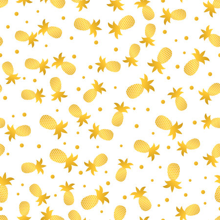 Seamless pattern with gold pineapple on white background. Golden tropical fruit vector illustration.  Easy to edit template for logo design, poster, banner, invitation, flyer, clothes, etc.のイラスト素材