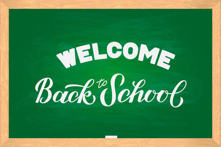 Welcome Back to school hand lettering on green board with wooden frame. Vector template for typography poster, logo design, banner, flyer, greeting card, sticker, party invitation, t-shirt, etc.のイラスト素材