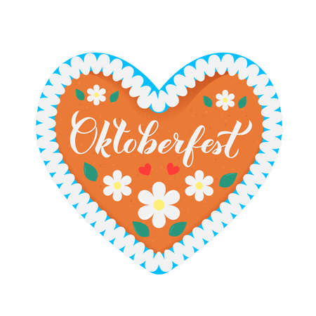 Traditional Bavarian heart-shaped gingerbread decorated with flowers, leaves and lettering Oktoberfest. Easy to edit vector template for logo design, poster, banner, flyer, t-shirt, invitation, etc.のイラスト素材