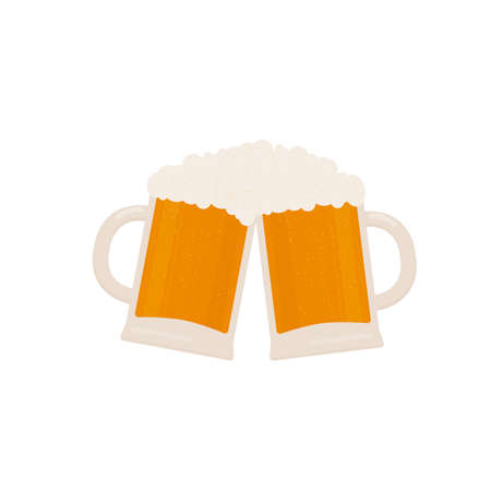 Two clinking beer mugs with foam isolated on white. Traditional Bavarian beer festival Oktoberfest. Flat vector icon. Template for logo design, poster, banner, flyer, t-shirt, invitation, sticker.のイラスト素材
