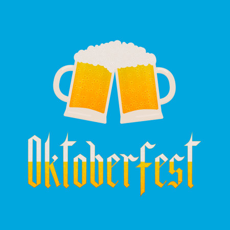 Oktoberfest fraktur font gothic lettering made of beer texture with bubbles beer and mugs. Traditional Bavarian festival. Easy to edit vector template for your logo design, poster, banner, flyer.のイラスト素材
