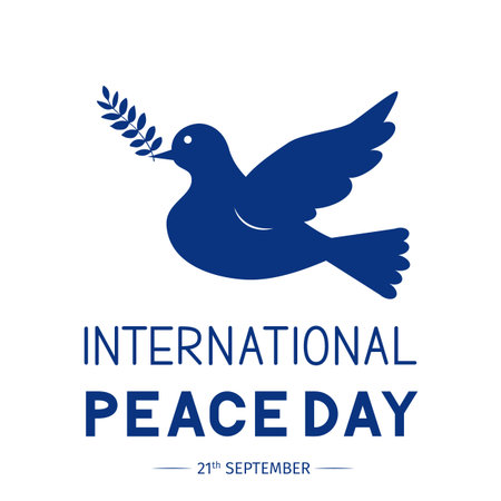 International Peace Day lettering with flying dove and olive branch. Flat vector illustration. Easy to edit template for logo design, greeting card, postcard, banner, typography poster, flyer, etc.のイラスト素材