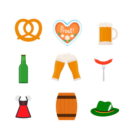 Traditional Oktoberfest symbols heart-shaped gingerbread, pretzel, mug, glasses, bottle, sausage, dirndl, barrel, Alpine hat . Traditional Bavarian beer festival. Flat vector icons set.のイラスト素材