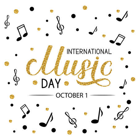 International Music Day gold glitter lettering with confetti isolated on white. Easy to edit vector template for typography poster, banner, flyer, etc.のイラスト素材