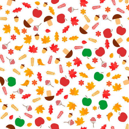 Autumn seamless pattern. Fall leaves, flowers, berries, mushrooms, acorns, birds, apples,  isolated on white. Vector background for fabric, textile, banner, wrapping paper, flyer, etc.のイラスト素材