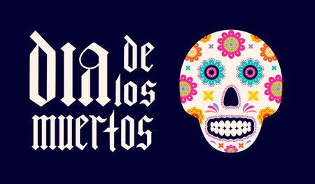 Dia de los Muertos fraktur font gothic lettering with sugar skull and flowers. Maxican holiday Day of the Dead typography poster. Vector template for greeting card, banner, poster, invitation, etc.のイラスト素材