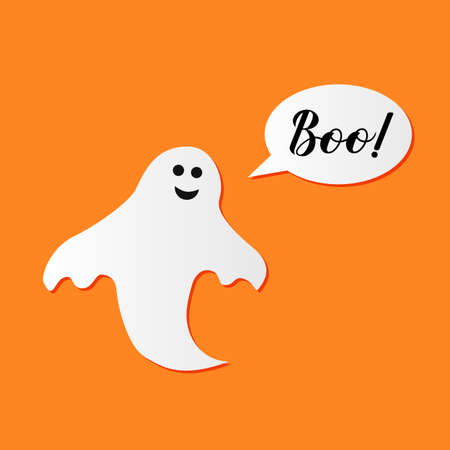 Boo hand lettering with cute cartoon ghost on orange background. Easy to edit vector template for Halloween greeting card, banner, typography poster, party invitation, t-shirt, etc.のイラスト素材