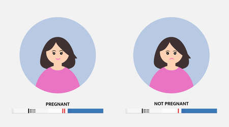 Positive and negative pregnancy strip tests of HCG. Young woman happy to be pregnant and the other is sad that she is not pregnant. Planning baby concept flat vector illustration.のイラスト素材