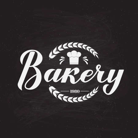 Bakery calligraphy hand lettering on chalkboard background. Bake shop round emblem logo design. Easy to edit vector template for bread house logo design, banner, poster, flyer, badge, sticker, etc.のイラスト素材