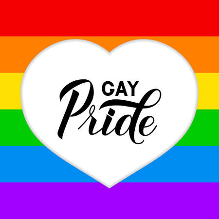 Gay Pride lettering in heart cut off rainbow background. Pride Day, Month, parade concept. LGBT community flag. Easy to edit vector template for banner, poster, t-shirot, flyer, sticker, badge.のイラスト素材