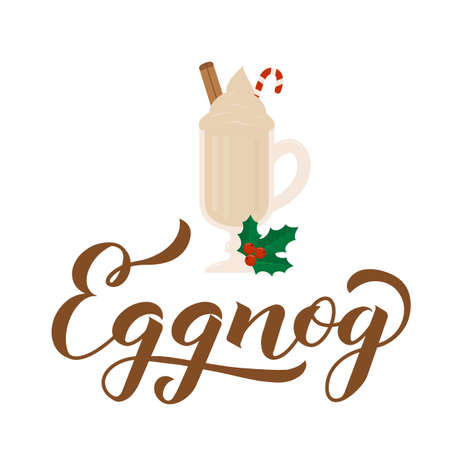 Eggnog calligraphy hand lettering and glass of traditional Christmas drink isolated on white. Vector template for logo design, banner, poster, flyer, sticker, menu for bar, cafe, restaurant.のイラスト素材