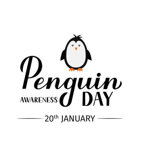 Penguin Awareness Day lettering and cute cartoon baby penguin. Ecology concept typography poster. Easy to edit vector template for banner, greeting card, flyer, sticker, etc.のイラスト素材