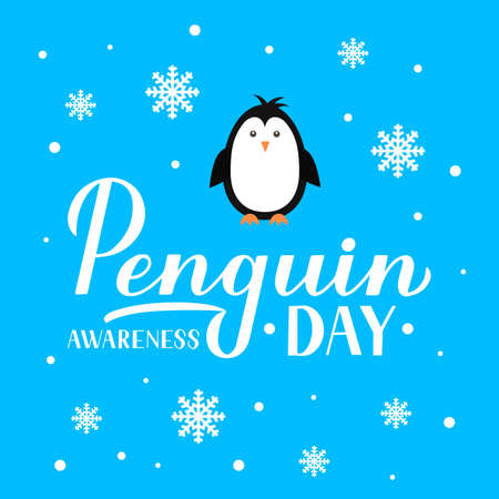 Penguin Awareness Day lettering with snowflakes and cute cartoon baby penguin on blue background. Ecology concept typography poster. Vector template for banner, greeting card, flyer, sticker, etc.のイラスト素材