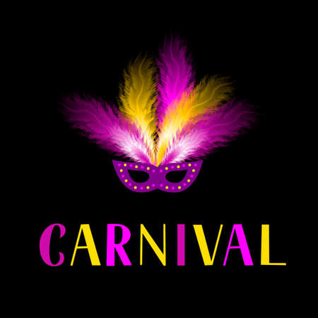Carnival lettering with mask and colorful feather on dark background. Masquerade party poster or invitation. Vector template for carnival of Venice, Brazil, New Orleans, Oruro, Nice, etc.のイラスト素材