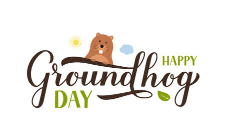Happy Groundhog Day calligraphy hand lettering with cute cartoon groundhog isolated on white. Easy to edit vector template for greeting card, typography poster, banner, flyer, sticker, etc.のイラスト素材