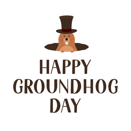 Happy Groundhog Day lettering and cute cartoon marmot with hat isolated on white. Easy to edit...