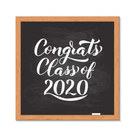 Congrats Class of 2020 hand written on chalkboard with wooden frame. Congratulations to graduates typography poster. Vector template for greeting card, banner, sticker, label, t-shirt, etc.のイラスト素材